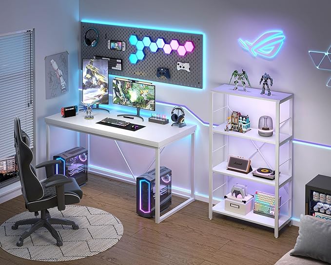 EXCEFUR White Computer Desk, Modern Home Office Desk, Small Wood Study Writing Table Workstation for Bedroom Living Room, 47 inch