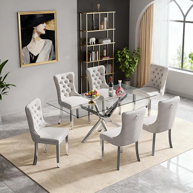 Goujxcy 51" Glass Dining Table Set for 6, Modern Kitchen Table and Chairs Set w/Steel Legs, 7-Piece Dining Table Set w/Glass Silver Dining Table and 6 Beige Velvet Chairs for Kitchen Dining Room