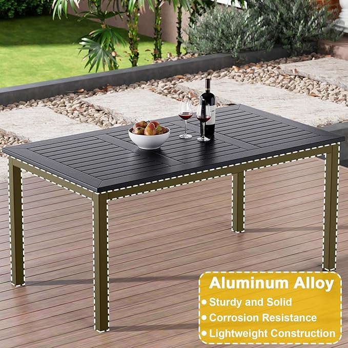 ZZV Outdoor Dining Table for 6-Person Rectangle Indoor Outdoor Table with Wood-Like Surface, Weather-Resistant Outside Dining Table for Patio Lawn Garden Backyard, 35" D x 63" W x 29" H, Black