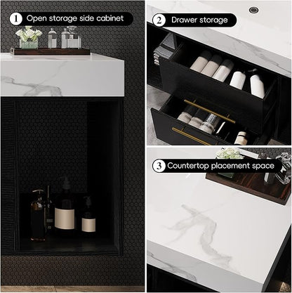Goujxcy 39.4" Wall Mounted Bathroom Vanity with Sink, Modern Floating Bathroom Cabinet with Ceramic Sink & 2 Drawers, Wood Hanging Bath Room Cabinet with Soft-Close System (White & Black)
