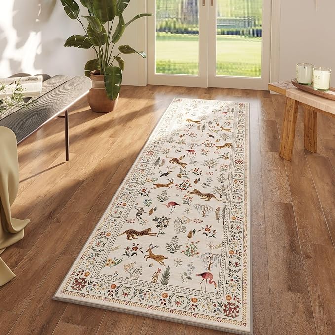 Rugcomf Runner Rug for Kitchen Rug Non Slip 2'x6' Washable Rugs with Rubber Backing Soft Floral Animal Carpet Runner for Kitchen, Laundry, Bedroom, Bathroom (Beige)