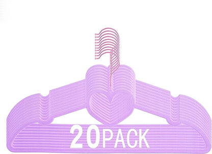 Velvet Hangers 20 Pack, 360° Swivel Rose Gold Hooks, 16" Non Slip Heart Hanger, Thin Clothes Hangers, Durable & Cute Felt Hanger for Adult (Light Purple)
