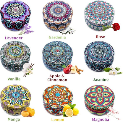 Bohemian Scented Candle for Christmas Thanksgiving Housewarming Gift, Set of 9 2.2oz Aromatherapy Candle for Stress Relief, Bohemian Tin Candle