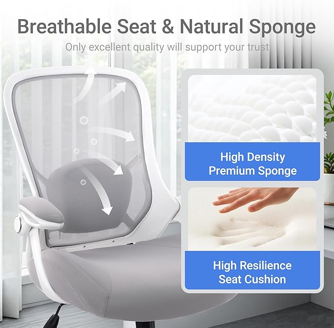 HYLONE 400lbs Heavy Duty Office Chair, 5" Thickened Seat Ergonomic Desk Chair with Adjustable Armrests, Home Office Computer Chairs for Long Hours Mesh Executive Chair(Grey)