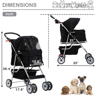 4 Wheels Pet Stroller Waterproof,Travel Stroller for Small Medium Dogs & Cats,Easy Fold with Removable Liner,Storage Basket,Black