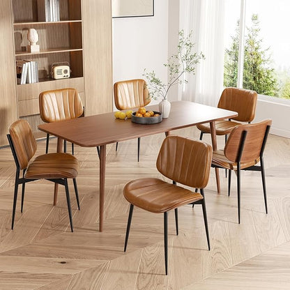 Dining Chairs Set of 8, Mid Century Modern Dining Room Chair, Upholstered Faux Leather Kitchen Chairs with Walnut Bentwood Back and Metal Legs for Kitchen Dining Room Living Room, Brown