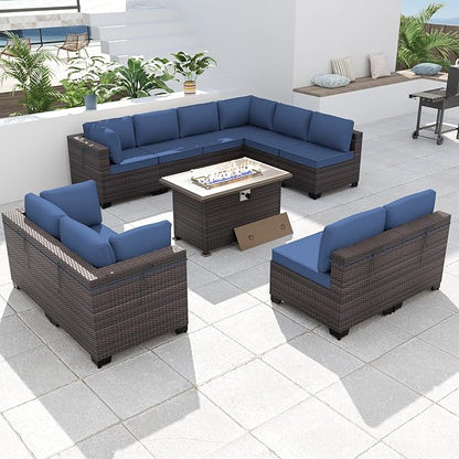 Kurapika 11 Pieces Patio Furniture Set, Rattan Wicker Outdoor Conversation Sets w/43in Propane Fire Pit Table and 4 Inch Cushion(Navy Blue)