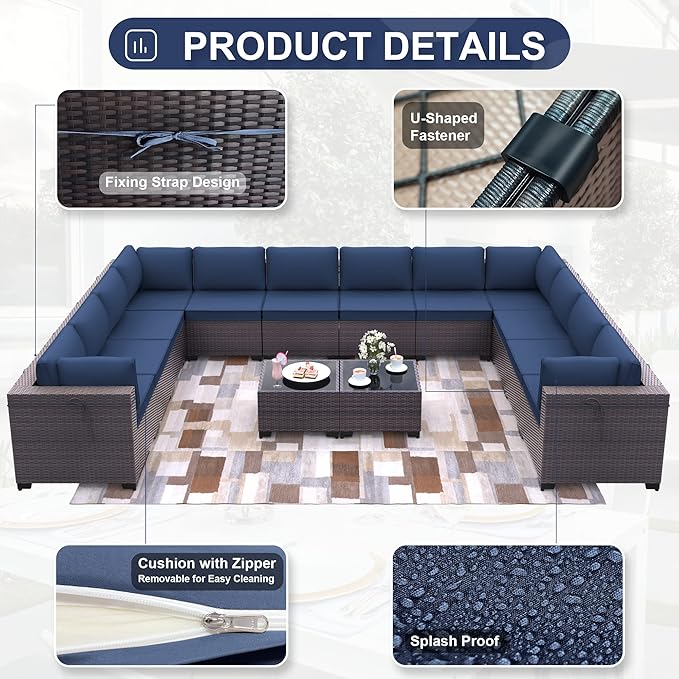 Kurapika 14 Pieces Patio Furniture Set, Rattan Wicker Outdoor Conversation Sets w/4 Inch Cushion and Glass Coffee Table(Navy Blue)