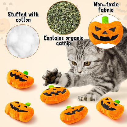 MALLMALL6 Catnip Toys for Cat - 5Pcs Halloween Pumpkin Jack O Lantern Catmint Interactive Kitten Toy for Indoor Kitty, Soft Orange Kitten Teething Chew Supplies Set, Pet Gifts for Cat Lover