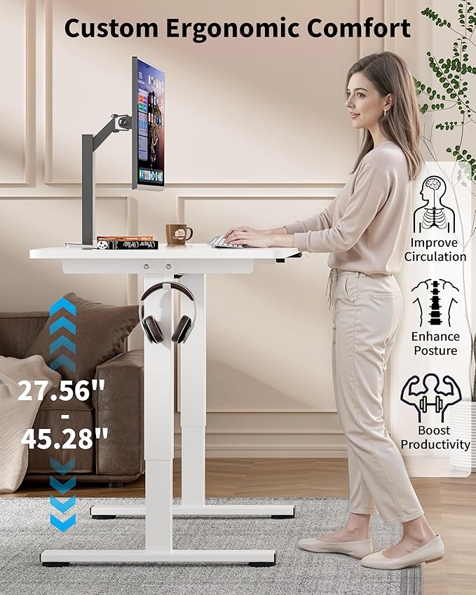 Okin Small Electric Standing Desk, 40" x 24" Whole Piece Height Adjustable White Sit to Stand Desk Computer Workstation for Home Office