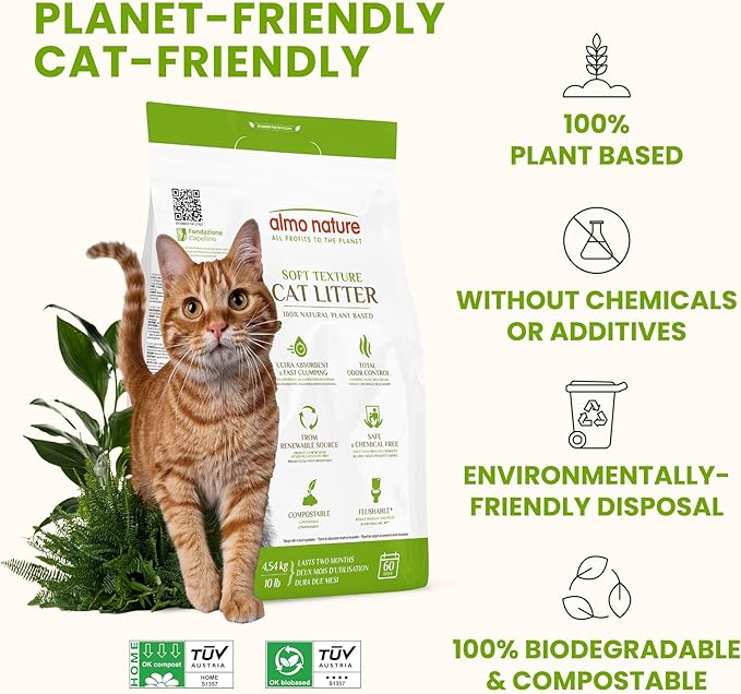 Almo Nature Soft Texture Cat Litter 10 lbs - Plant-Based, Clumping, Biodegradable, Non-Toxic, Compostable, Eco-Friendly, Odor Control, Low Dust, Safe for Cats & Kittens