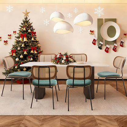 Rattan Dining Chairs Set of 4, Christmas Chair Mid Century Modern Dining Chairs with Cane Back for Kitchen Dining Room, 19 Inch Fabric Green