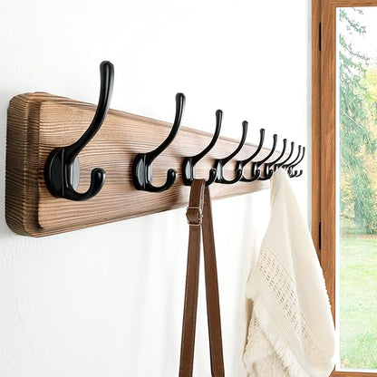 Dseap Wall Mounted Coat Rack: 38-1/4" Long, Patented, Heavy-Duty, 10-Double-Hooks Wooden Hanger Rail for Winter Coats, Hats, Jackets, Clothing - Natural & Black, Pack of 2