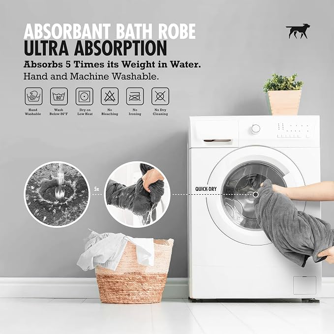 Tuff Pupper Fast Drying Dog Bath Robe | 800 GSM Plush Dog Towel Bathrobe/Dressing Gown | Super Absorbent Pet/Puppy Bathrobe | Adjustable Hood & Belly Strap | Super Soft | Fast Drying (L, Gray)