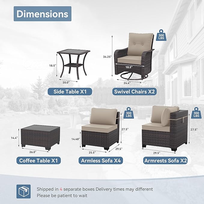 Kurapika 10 Pieces Patio Furniture Set, Rattan Wicker Sofa Set, Outdoor Conversation Sets w/Swivel Rocking Chairs Patio Sectional Sofa w/4 Inch Cushion, Sand