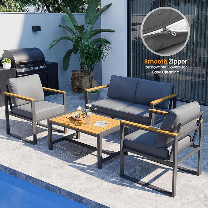 Pamapic 4 Pieces Outdoor Patio Furniture Set, Modern Metal Balcony Furniture with Plastic-Wood Coffee Table, All-Weather Patio Conversation Set with Thick Cushion for Balcony, Porch, Gray