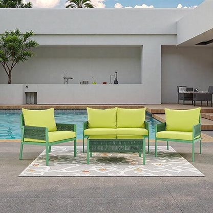 4-Piece Rope Outdoor Furniture Set, Patio Conversation Set with Tempered Glass Table, Rope-Woven Furniture Set with Deep Seat Design for Backyards, Balconies, Fluorescent Yellow & Green