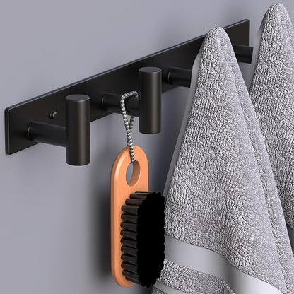 HUFEEOH 2 Pack Coat Rack Wall Mount, Stainless Steel T Shaped 4 Hooks Coat Hooks for Bathroom, Heavy Duty Wall Hooks Towel Hooks for Hanging, Black Towel Rack Purse Hanger for Mudroom Entryway