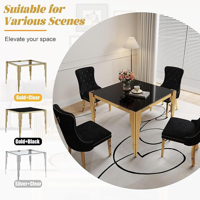 5 Piece Glass Dining Table Set, 35" Square Tempered Glass Kitchen Table with 4 Black Velvet Upholstered Chairs, Dining Chairs Set of 4 for Kitchen, Living Room (Black, Gold)