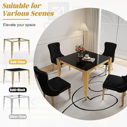 5 Piece Glass Dining Table Set, 35" Square Tempered Glass Kitchen Table with 4 Black Velvet Upholstered Chairs, Dining Chairs Set of 4 for Kitchen, Living Room (Black, Gold)