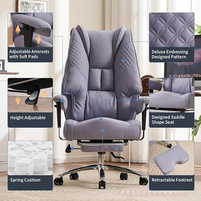Big and Tall Office Chair 400lbs Wide Seat, Leather High Back Executive Office Chair with Foot Rest, Ergonomic Chairs Lumbar Support for Lower Back Pain Relief (Light Purple)