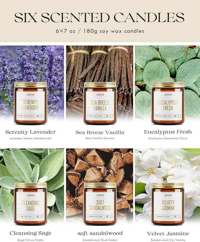 AOOVOO Candles Set - 6PC Scented Candles, Soy Candle, Aromatherapy Candle, Soy Wax Candle, Candle for Home Scented, Lavender/Vanilla/Eucalyptus/Sage/Jasmine/Sandalwood