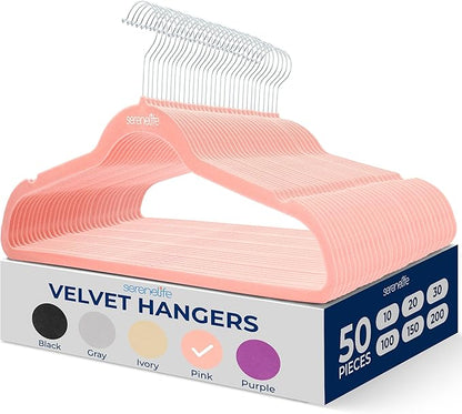 SereneLife 50 Pack Velvet Hangers - Non-Slip, 360° Swivel Hook - Ultra-Thin, Lightweight Velvet Hangers for Shirts, Sweaters, Hoodies, Kids Clothes & Dresses - Space-Saving