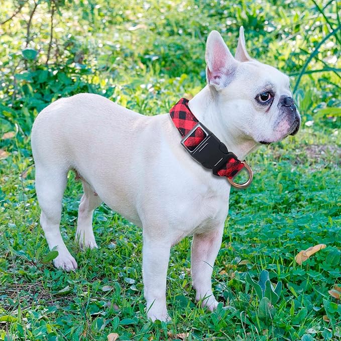 Reflective Dog Collar Padded with Soft Neoprene Breathable Adjustable Nylon Dog Collars for Small Medium Large Dogs (Medium (Pack of 1), Red Plaid Collar+Leash)