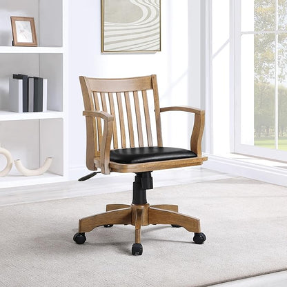 OSP Home Furnishings Deluxe Wood Banker's Desk Chair with Padded Seat, Adjustable Height and Locking Tilt, Fruitwood Finish and Black Vinyl