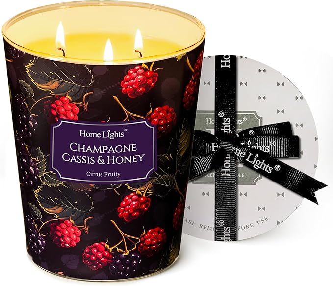 HomeLights Scented Candles for Women & Men, 34oz Candle Jars Aromatherapy 3-Wick Candle, Ideal for Eclectic Mixed Styles Home Decor and Gifts, Champagne Cassis & Honey
