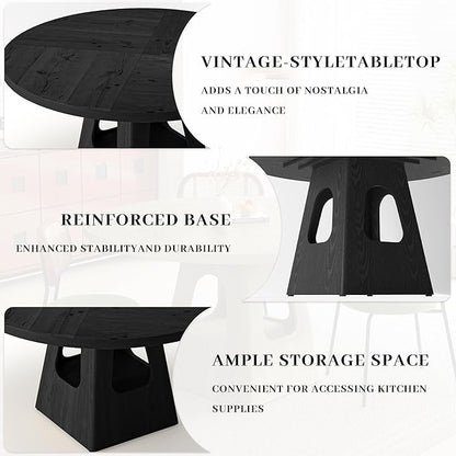 Round Dining Table for 4, Farmhouse 47 Inch Wood Dinner Tables with Storage Base for Kitchen Dining Living Room 4-6 People Gathering, Black