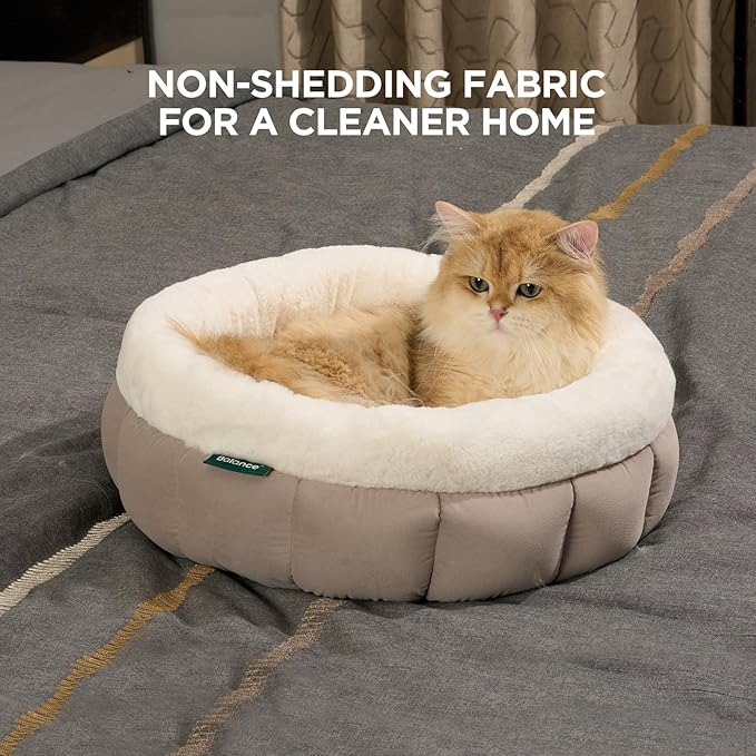 BALANCE Cat Beds for Indoor Cats, Washable Round Cat Bed, Cute Kitten Bed with Anti-Slip Bottom for Kitty and Puppy, 18 Inches, Goat