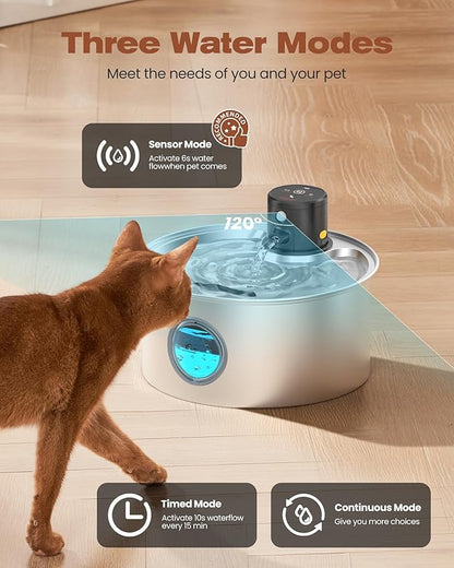 Cat Water Fountain Wireless Cordless: Cat Fountain Battery Operated - Stainless Steel Pet Water Fountain Rechargeable - 108oz/3.2L Automatic Cats Fountains for Drinking with Motion Sensor - Cats & Dog