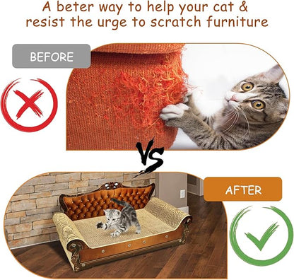 Luxury Cardboard Cat Scratcher Sofa Bed, Couch Shaped Scratching Board, Scratch Lounge with Catnip, Cat Scratcher for Indoor Cats Large Brown