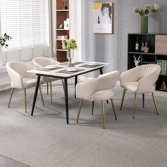 Modern Dining Chairs Set of 8, Upholstered PU Leather Gold Dining Room Chairs with Hollow Back, Accent Armrest Kitchen Chairs with Gold Legs for Living Room Cream
