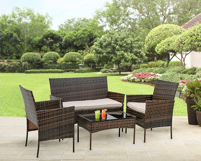 Outdoor Patio Furniture Sets 4 Pieces Patio Set Rattan Chair Wicker Sofa Conversation Set Patio Chair for Backyard Lawn Porch Poolside Balcony Garden Furniture Sets with Coffee Table (Brown)