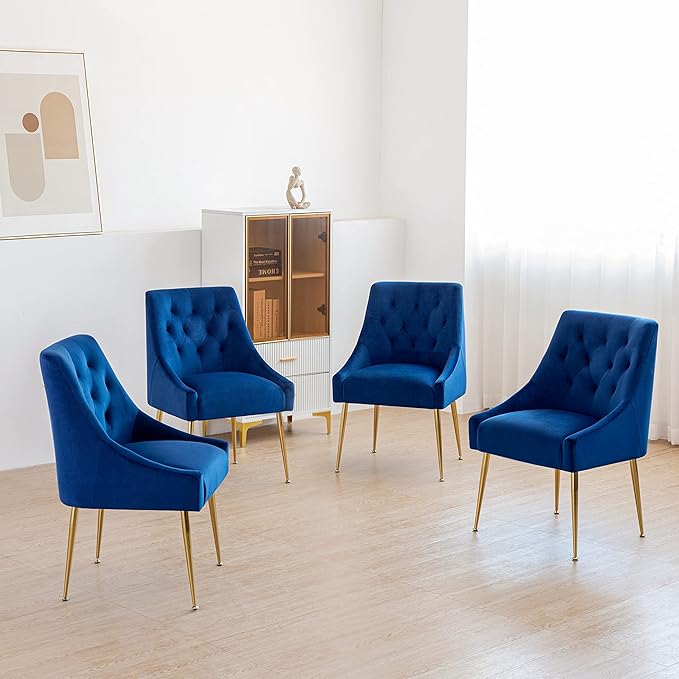 Modern Dining Chair Set of 2, Mid-Century Room Chair, Upholstered Comfortable Velvet with Back Pull Rod and Metal Legs for Kitchen, Dining, Living (Blue), (DYXSD)