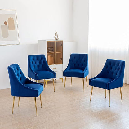 Modern Dining Chair Set of 2, Mid-Century Room Chair, Upholstered Comfortable Velvet with Back Pull Rod and Metal Legs for Kitchen, Dining, Living (Blue), (DYXSD)