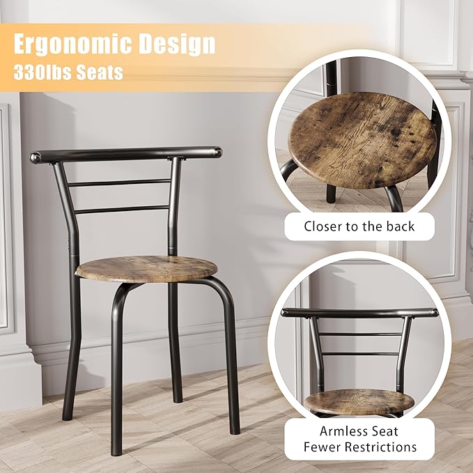 JUMMICO 3-Piece Wooden Round Table & Chair Set, Space Saving Kitchen Breakfast Nook Wood Grain Tabletop with Metal Frame and Built-in Wine Rack for Kitchen, Dining Room (Walnut/Black)