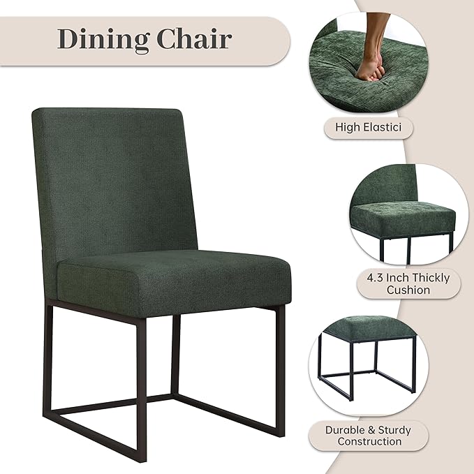 VKNOW Upholstered Dining Chairs Set of 4, Modern Dining Room Chairs, Linen Kitchen Chair Dinner Chair with Black Metal Base for Kitchen Office, Green-Unstriped