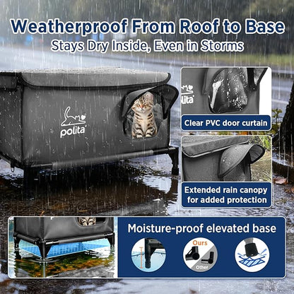Rugged Heated Cat House for Outdoor Cats in Winter, Extremely Insulated & 100% Weatherproof, Elevated Feral Cat Shelter with Waterproof Eaves & Safe Escape Door for Stray & Barn Cats