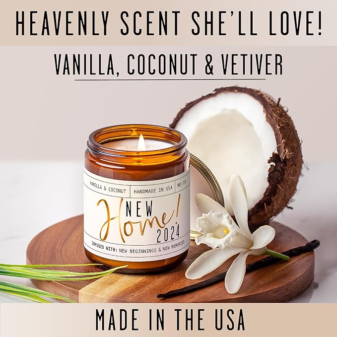 House Warming Gifts New Home, Housewarming Gifts New Home - 'New Home 2024' Soy Candle, w/Vanilla, Coconut & Vetiver I for New House, New Home Gifts I 9oz Jar, 50Hr Burn, Made in USA