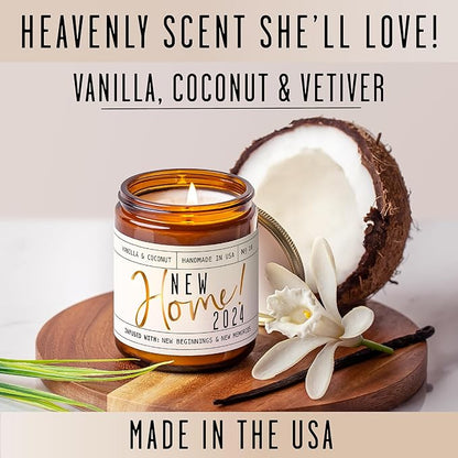 House Warming Gifts New Home, Housewarming Gifts New Home - 'New Home 2024' Soy Candle, w/Vanilla, Coconut & Vetiver I for New House, New Home Gifts I 9oz Jar, 50Hr Burn, Made in USA