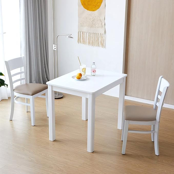 Livinia Cabin Dining Chair Set of 2, Solid Malaysian Oak PU Leather Upholstered Cushion Seat Wooden Ladder Back Side Chairs (White) Assembly Required