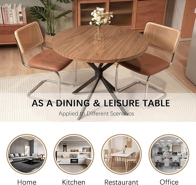 Round Dining Table, 39 Inch Modern Round Walnut Dining Table with Black X Base, Kitchen Leisure Table for 4-5 People Small Space Dining Room, Apartment, Kitchen