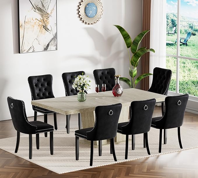 Goujxcy 9-Piece Extendable Dining Table Set for 8, 63-78 Inch Faux Travetine Kitchen Table Set with 8 Black Upholstered Chairs Modern Wood Expandable Dining Room Table Set for Kitchen Apartment