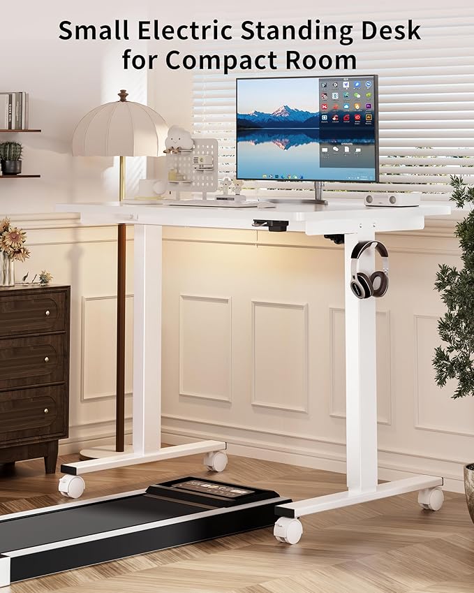 Okin Electric Standing Desk, 40 x 24 Inches Whole Piece Height Adjustable Desk, White Sit to Stand Desks Computer Workstation with Wheels for Home Office