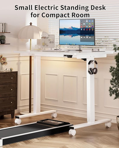 Okin Electric Standing Desk, 40 x 24 Inches Whole Piece Height Adjustable Desk, White Sit to Stand Desks Computer Workstation with Wheels for Home Office