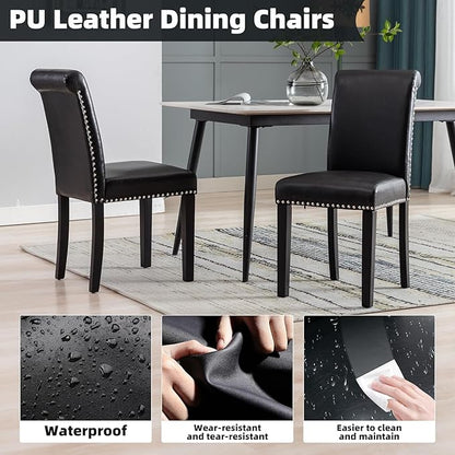 Westice Dining Room Chairs Set of 8 Upholstered PU Leather Kitchen Chairs Dining Room Side Chair with Nailhead Trim and Rubber Wood Legs for Small Space Apartment, Black