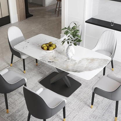 Modern Rectangle Marble Dining Table,71" Antique White Marble Sintered Stone Top Dining Table,Rectangle Dining Room Table with X-Shape Carbon Steel Pedestal Table for Kitchen/Living Room(Table Only)